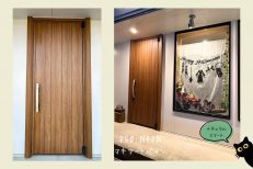 MADOショップ店舗玄関ドアD50リフォーム前後の外観比較画像（マキアートパイン）